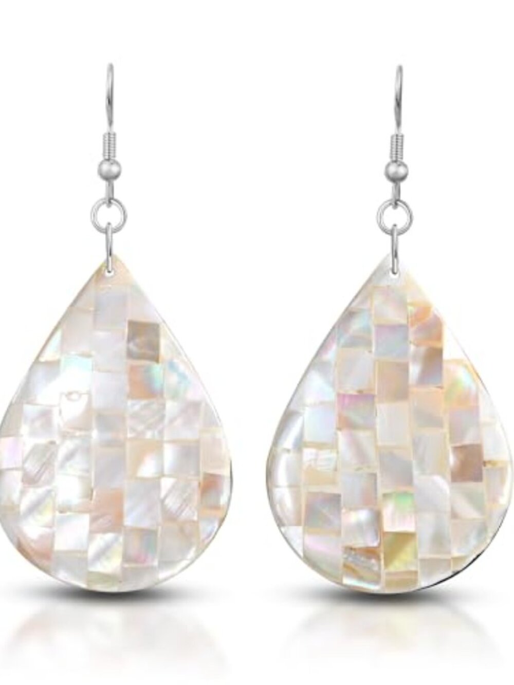 Alluring Mosaic White Kabibe Shell Teardrop Handmade Dangle Earrings